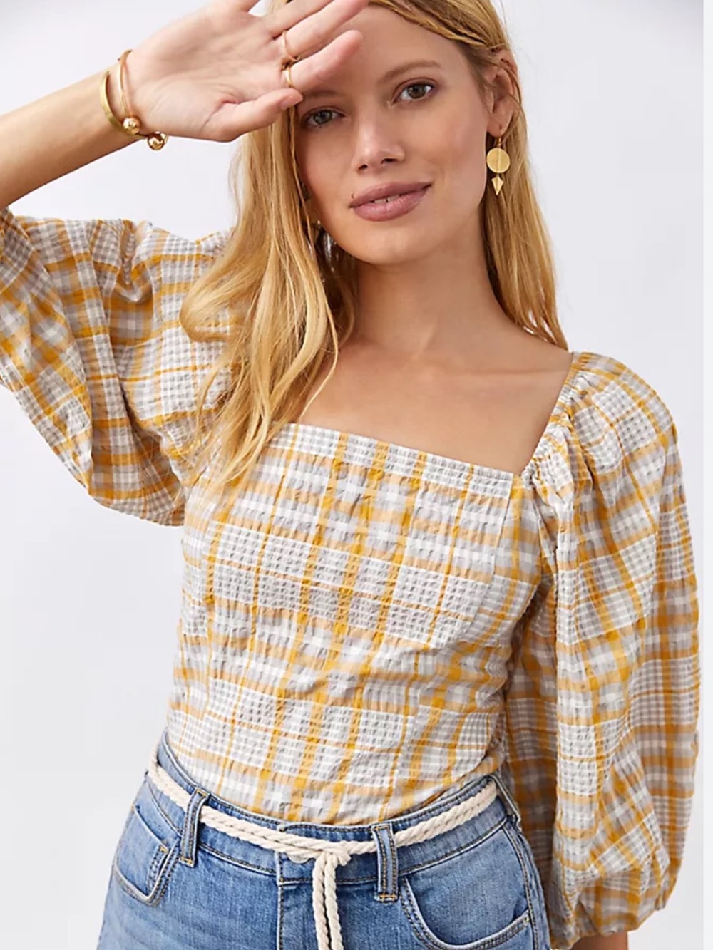 Anthropologie Maeve Plaid Square-Neck Puff Sleeve Smocked Top in Yellow & White